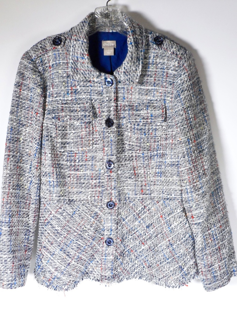 Chico's Blue Tweed Sz 1 M 8 10 Blazer Jacket Button Peplum Button Career